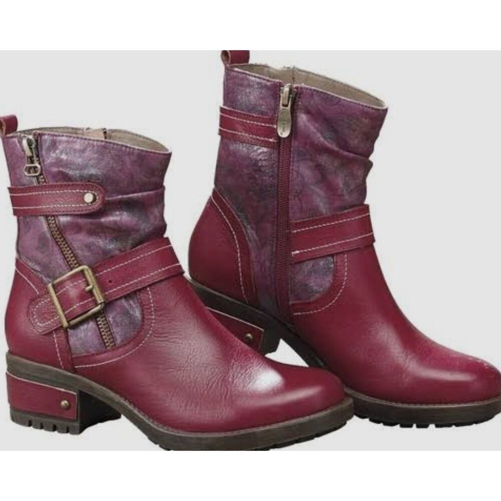 L'Artiste Leather Maroon Frankie Bootie Sz 42/US 10 Buckles Western Biker Boho